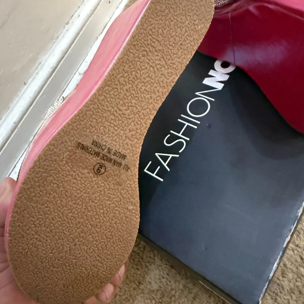 Fashion Nova Red Iridescent Platform Wedges with Rhinestone Strap